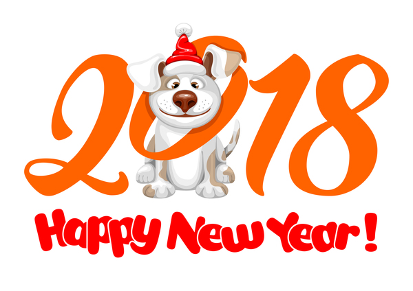 Happy small Dog in Santa Claus hat sitting and smile. Dog is symbol of 2018 year on chinese calendar. Vector illustration. Isolated on white background.